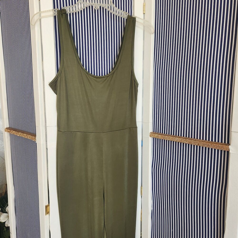 Olive Green Silky Jumpsuit Size S/M - Picture 2 of 3